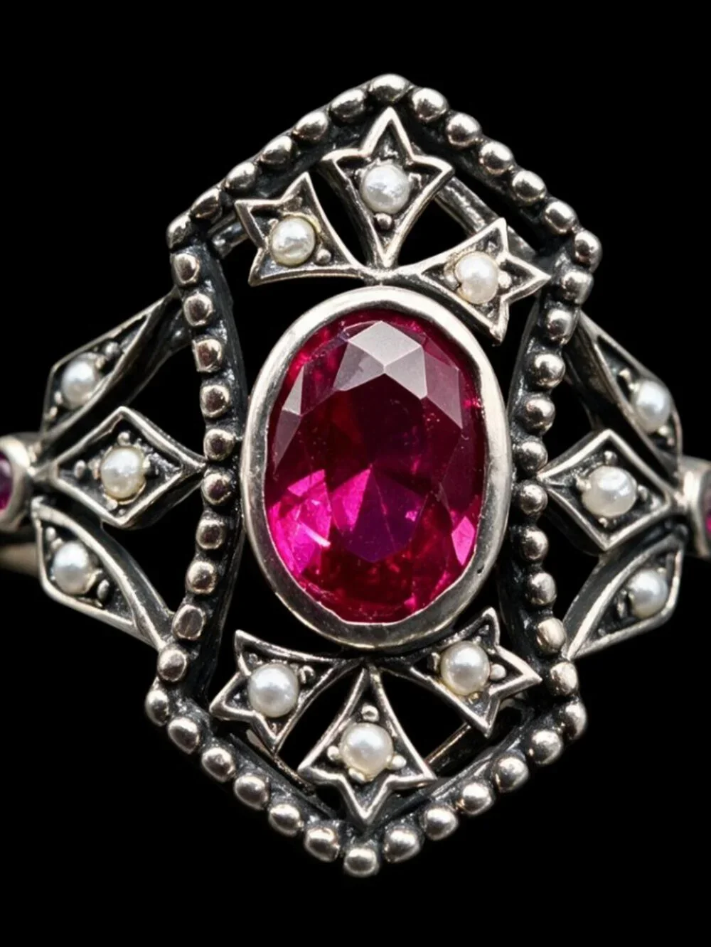 Vintage Art Deco Sterling Silver Ring With Dark Pink Red Tourmaline 925 in Box